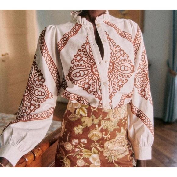 Sezane White and Brown Embroidered Megane Long Sleeve Shirt Ecru Blouse 38 6 - Picture 1 of 8